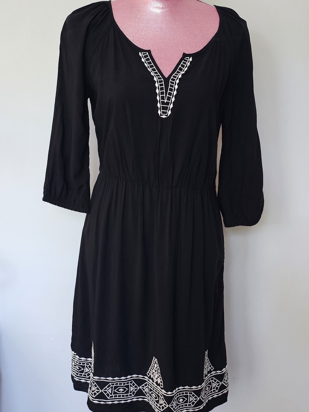 Old Navy Black Midi Dress with White Geometric Embroidery
